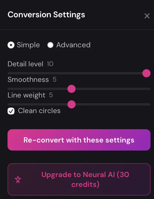 Conversion settings for algorithmic tracing