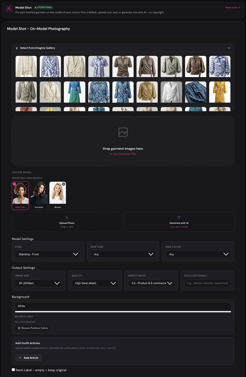 The Model Shot module dashboard view