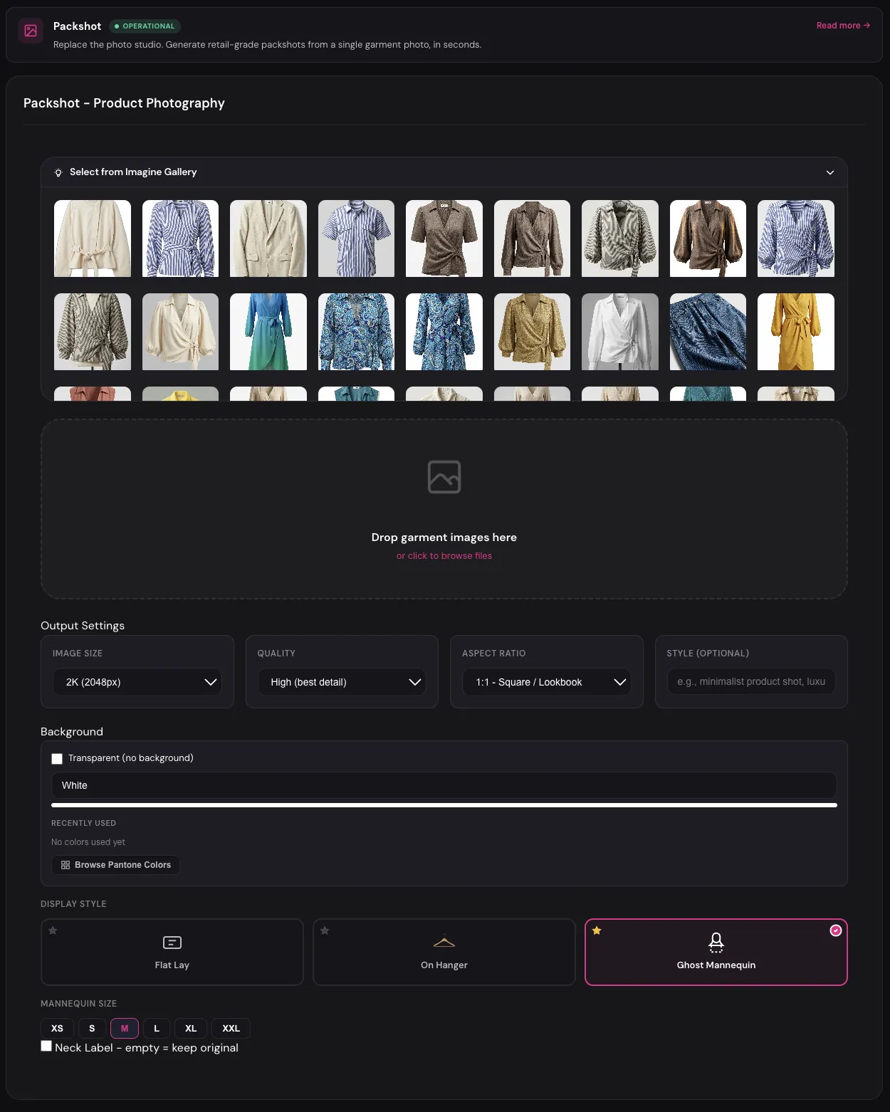 The Packshot module dashboard view